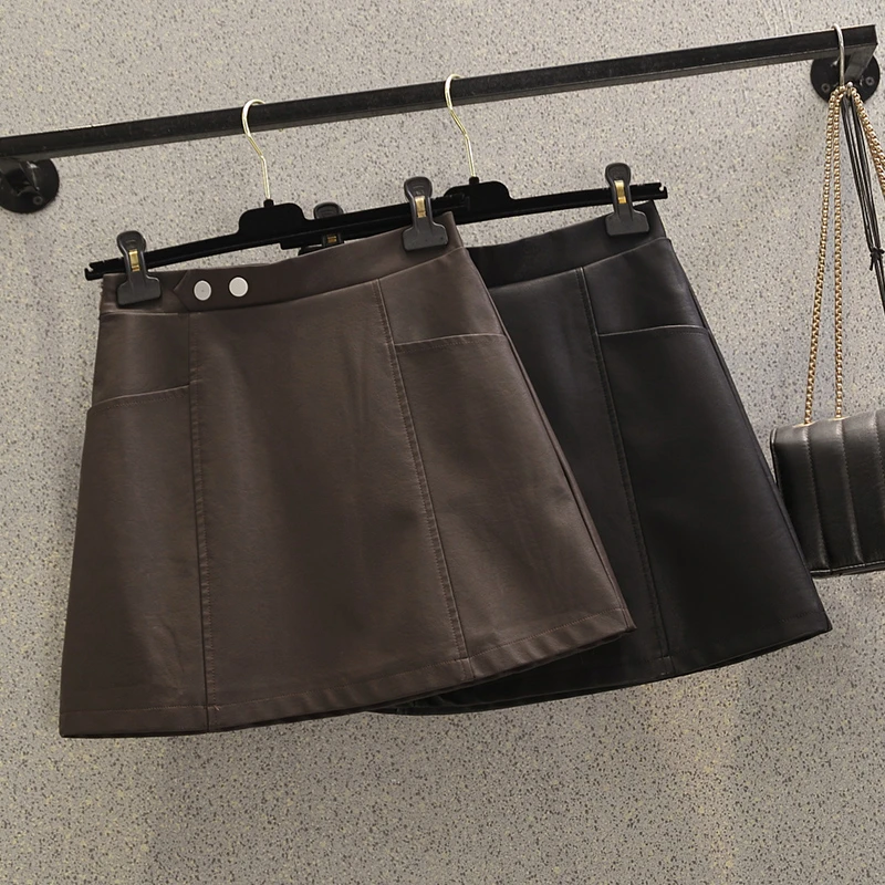 大码女装秋季新款时尚气质百搭显瘦A字裙高腰小皮裙短裙-HS13150