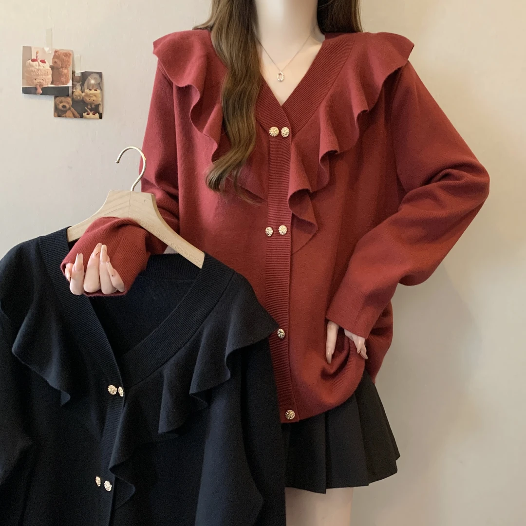 【小曹大码】荷叶边V领针织打底衫宽松显瘦毛衣-ZMDM3910