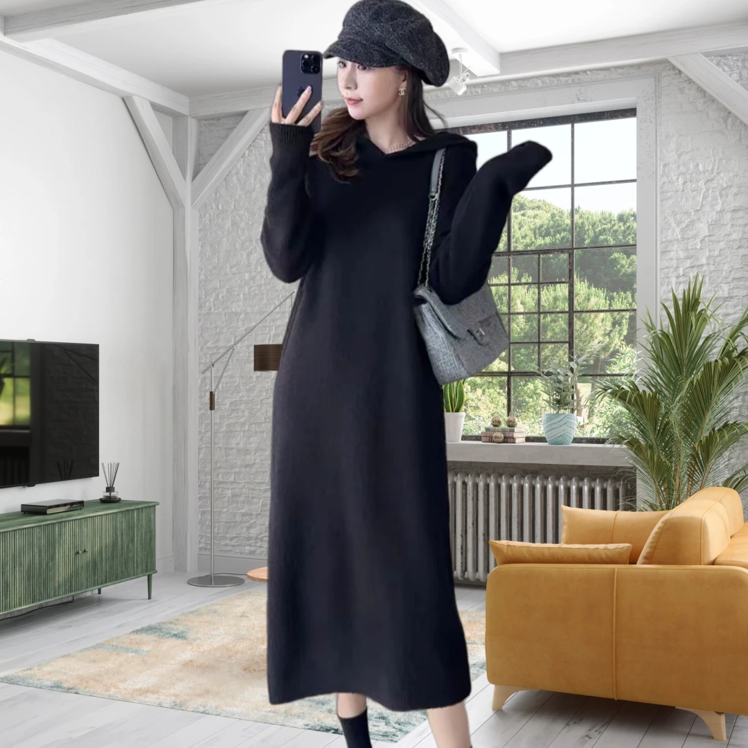 【小曹大码】秋冬韩系连帽针织宽松显瘦过膝v领打底毛衣裙-TTDD9179