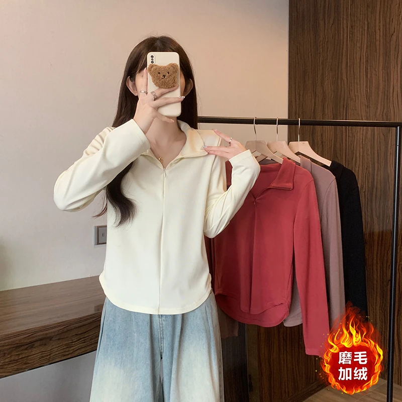 【小曹大码】磨毛加绒长袖上衣t恤半拉连正肩polo领打底衫-YY16019