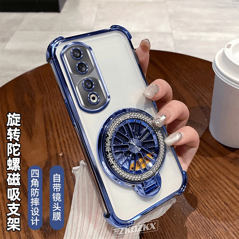 适用荣耀90Pro手机壳磁吸陀螺支架镜头全包透明电镀四角防摔超薄p