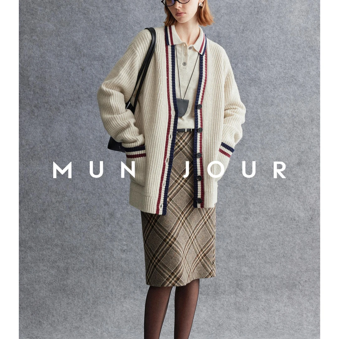 MIU式学院风_牦牛绒羊毛蓬松云朵感复古撞色polo开衫两件套