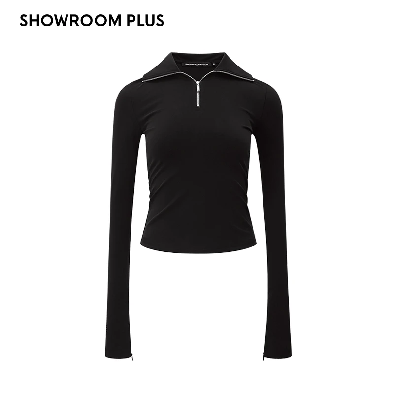 SHOWROOMPLUS 高级感小众立领黑色T恤女高端内搭打底衫