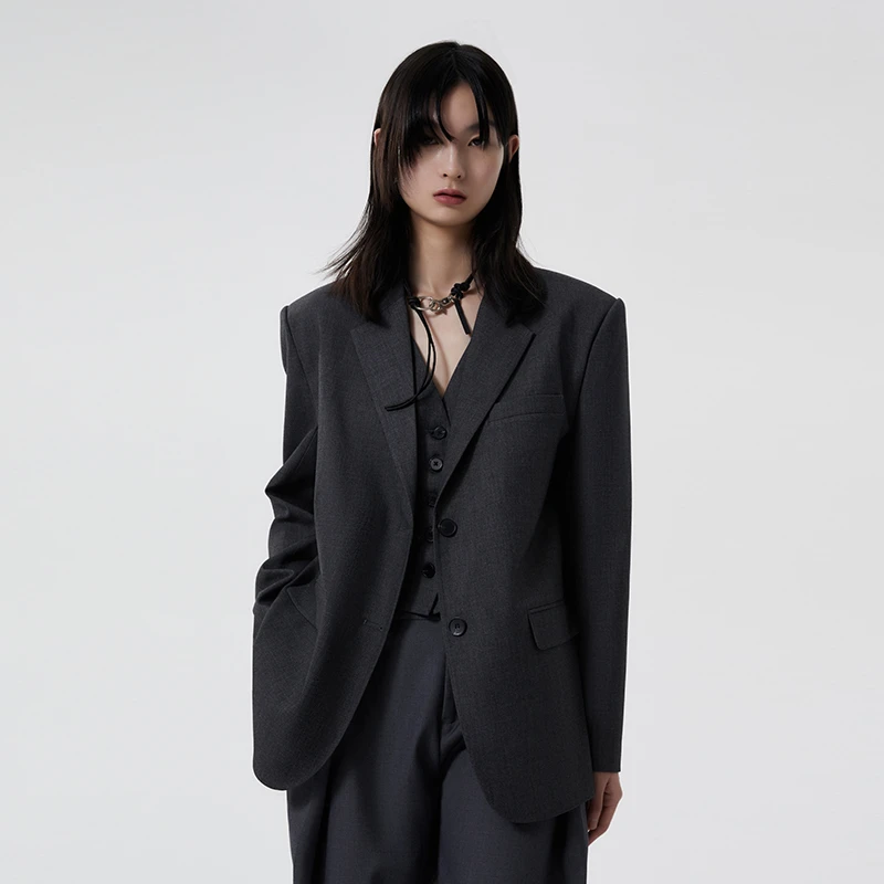 SHOWROOMPLUS 宽松显瘦假两件黑色西装外套女高级感西服上衣