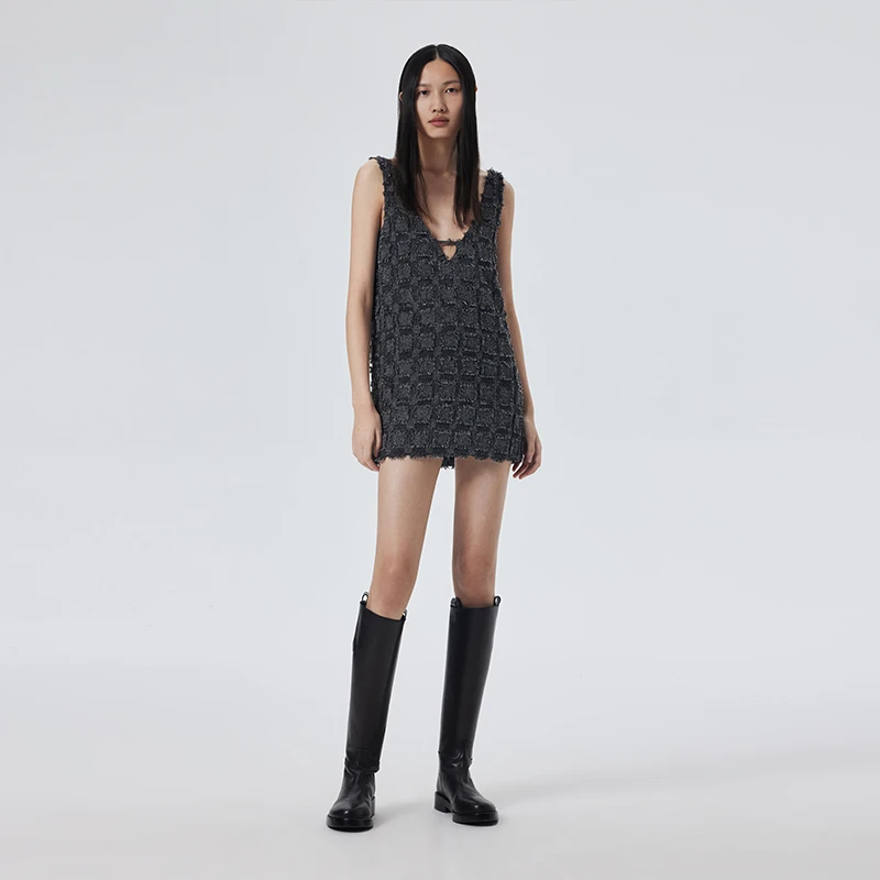 SHOWROOMPLUS V领流苏连衣裙女短裙吊带格纹高级感裙子