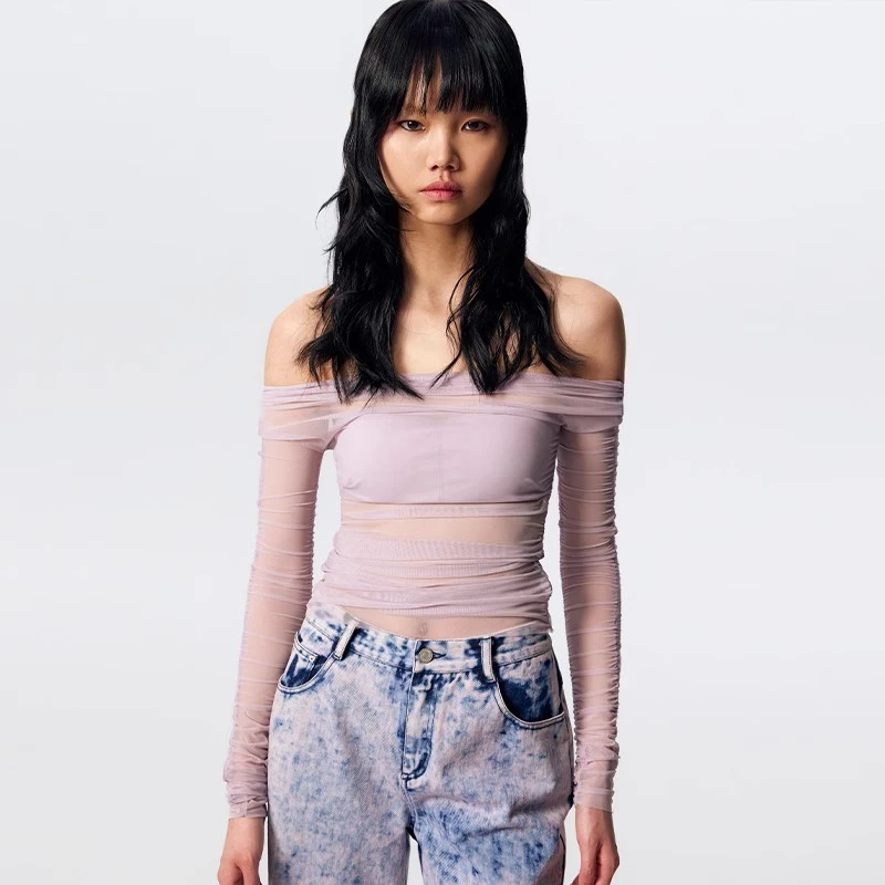 SHOWROOMPLUS新款一字领露肩上衣女双层透视网纱辣妹上衣