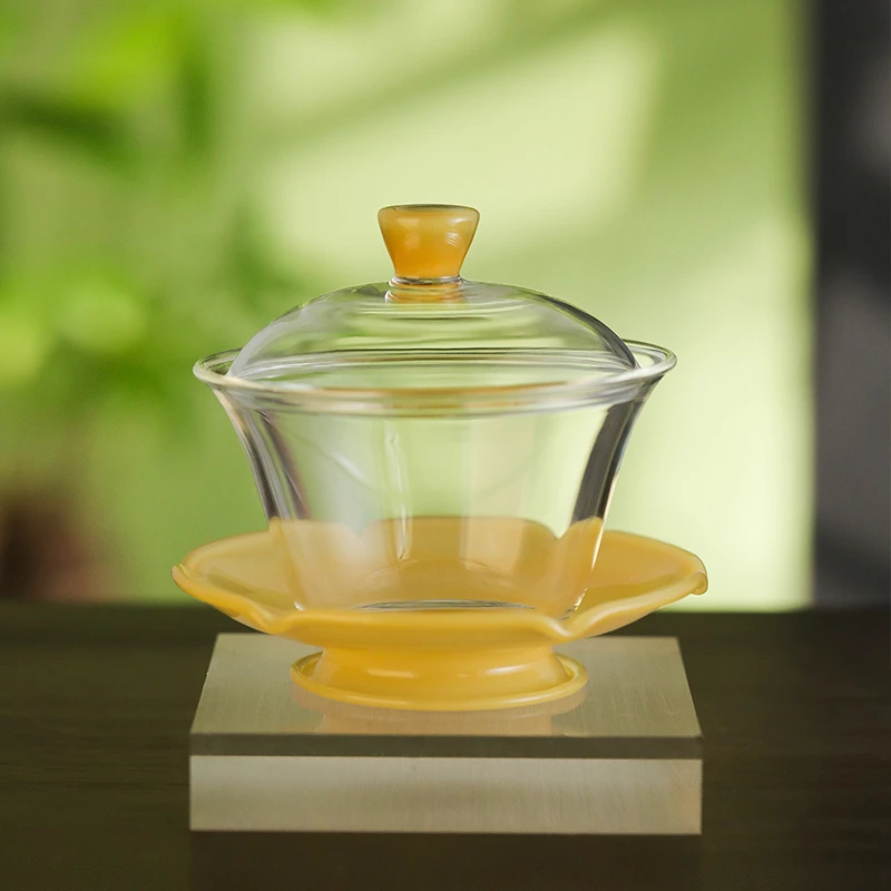 禾器玻璃荷叶盖碗茶杯大号单个泡茶碗家用三才杯茶具不烫手