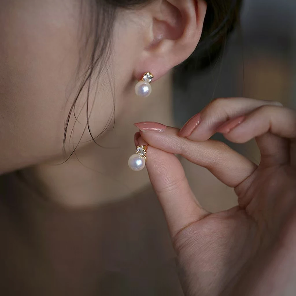 戴妃天然淡水珍珠耳饰耳钉S925银针耳环白色金色紫色馒头珠