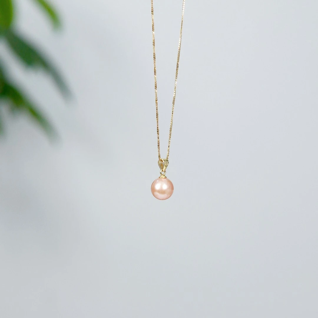 淡水珍珠吊坠项链9mm圆珠强光S925银盒子链白色紫色金粉吊坠