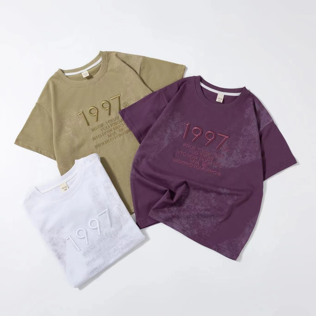 【双纱料】圆领儿童装纯棉短袖T恤休闲百搭夏季中大童刺绣宽松半袖