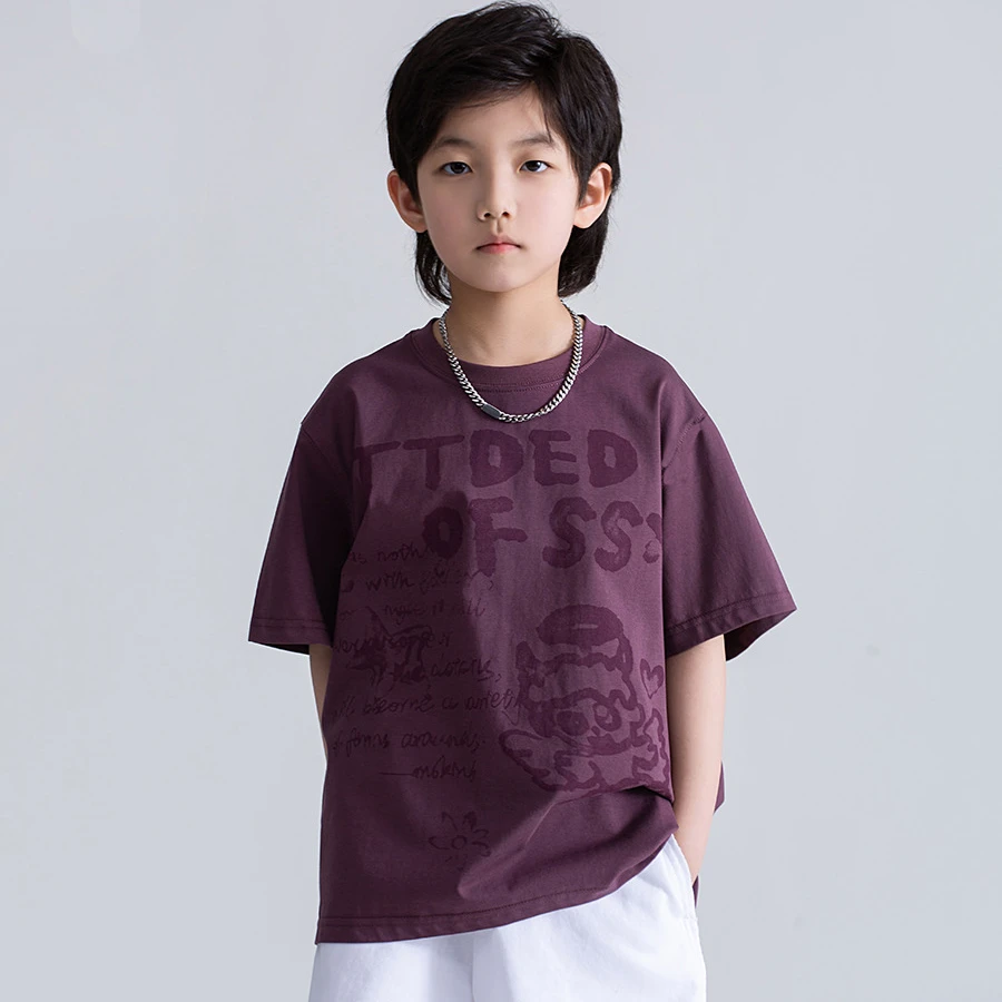 双沙料儿童上衣童装男童夏季宽松印花圆领纯棉半袖潮流中大童短袖