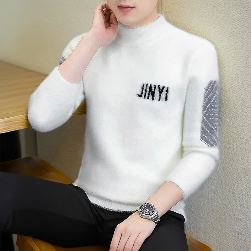 青少年韩版男士半高领仿貂绒毛衣针织衫秋冬加绒加厚线衣保暖上衣