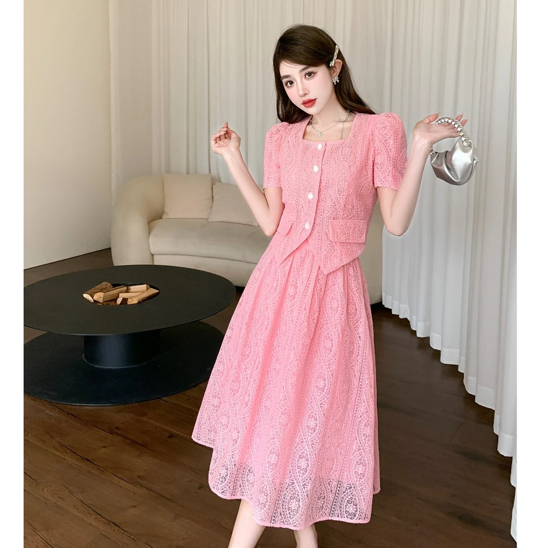 高端气质套装夏季小香风方领泡泡袖短上衣减龄大摆半身裙两件套