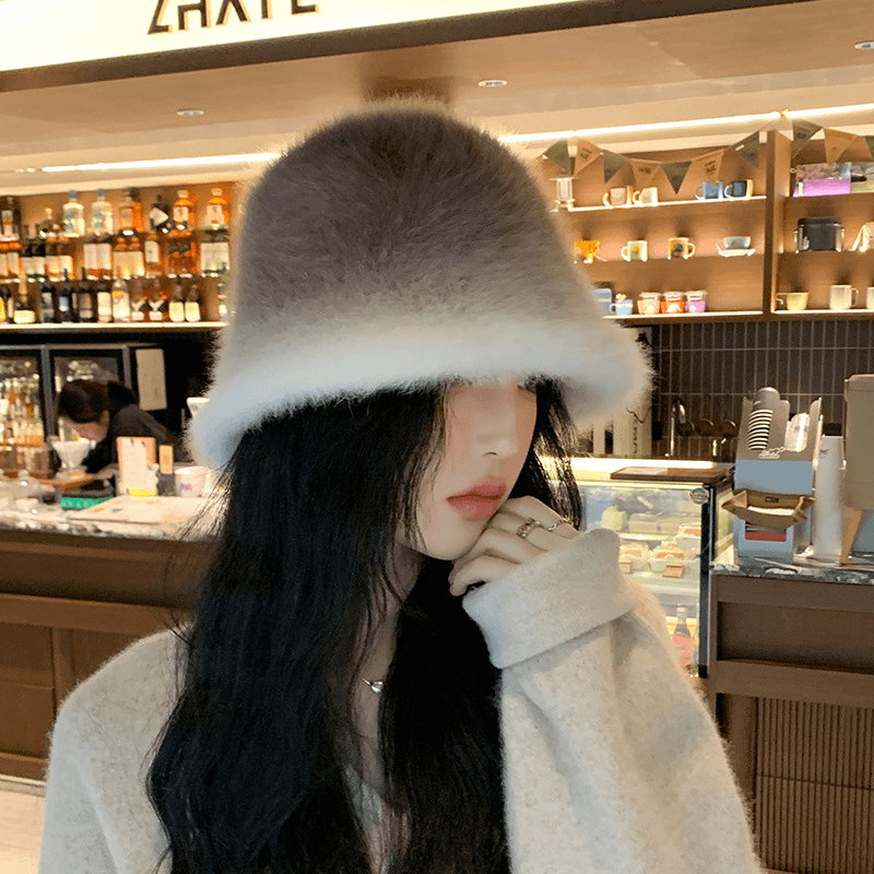 妩纪 韩版秋冬渐变色兔毛帽子女高级感冬季保暖盆帽网红显脸小水桶帽潮