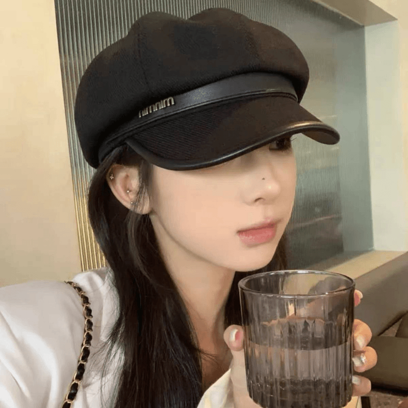 妩纪 高级感春秋鸭舌帽女日系黑色休闲复古画家贝雷帽显脸小云朵八角帽