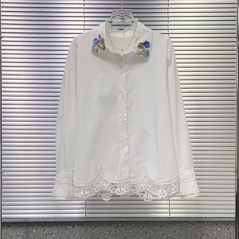 时尚气质轻奢百搭休闲蕾丝拼接白色翻领长袖打底女士大码宽松衬衫