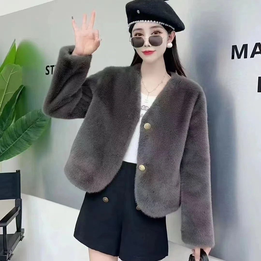 秋冬新高档水貂绒外套皮毛一体V领小个子欧貂绒开衫外套