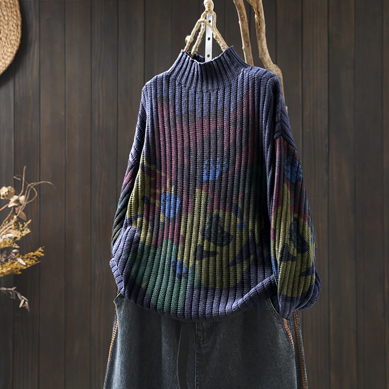 2025冬季新款个性休闲半高领复古印花棉线毛衣女宽松慵懒针织衫潮