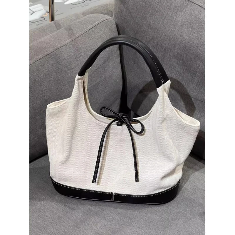 韩国yeomim2024新款帆布托特包女复古通勤时尚手提拼接单肩腋下包