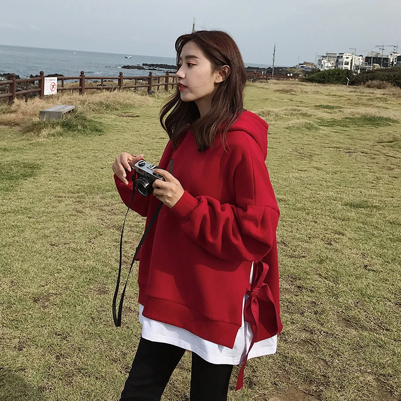 红色假两件连帽卫衣女2025春秋薄款韩版宽松bf百搭慵懒风外套ins