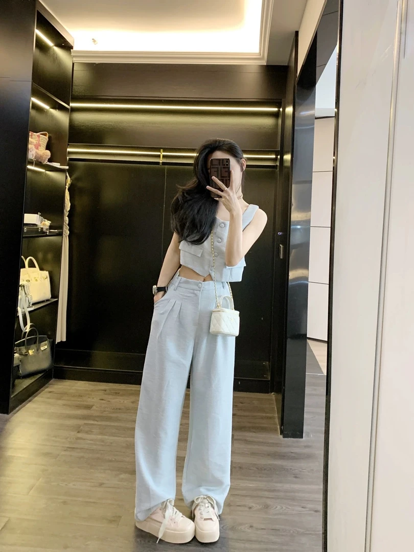 【季末清仓】小香风套装女高级感气质短款吊带上衣休闲阔腿裤两件套