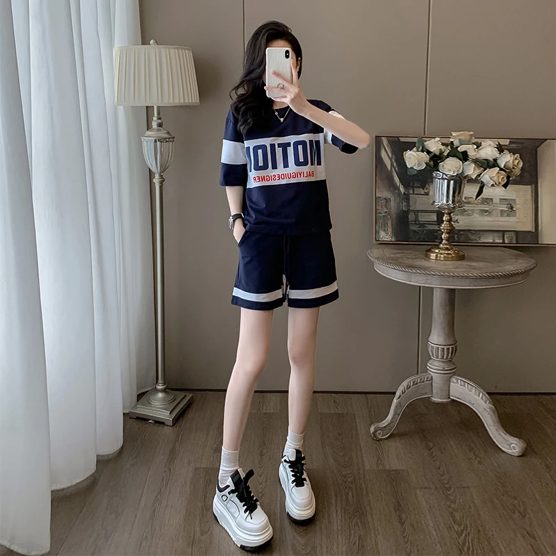 短袖运动套装女网红爆款2024新款时尚休闲宽松跑步外穿短裤两件套