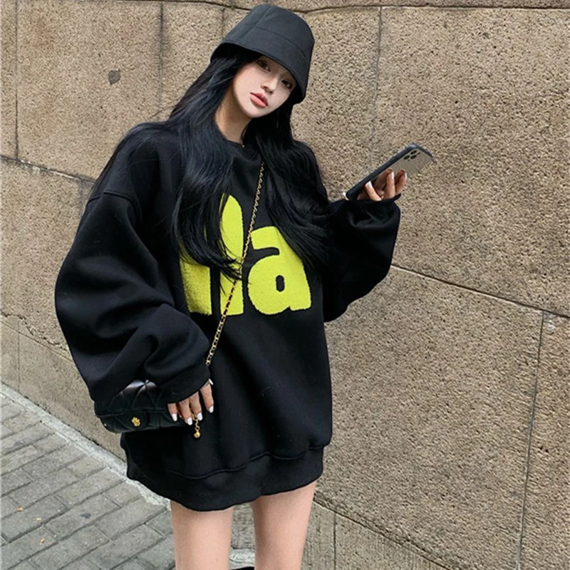 圆领字母卫衣女2025秋冬新款街头潮牌宽松中长款加绒oversize上衣