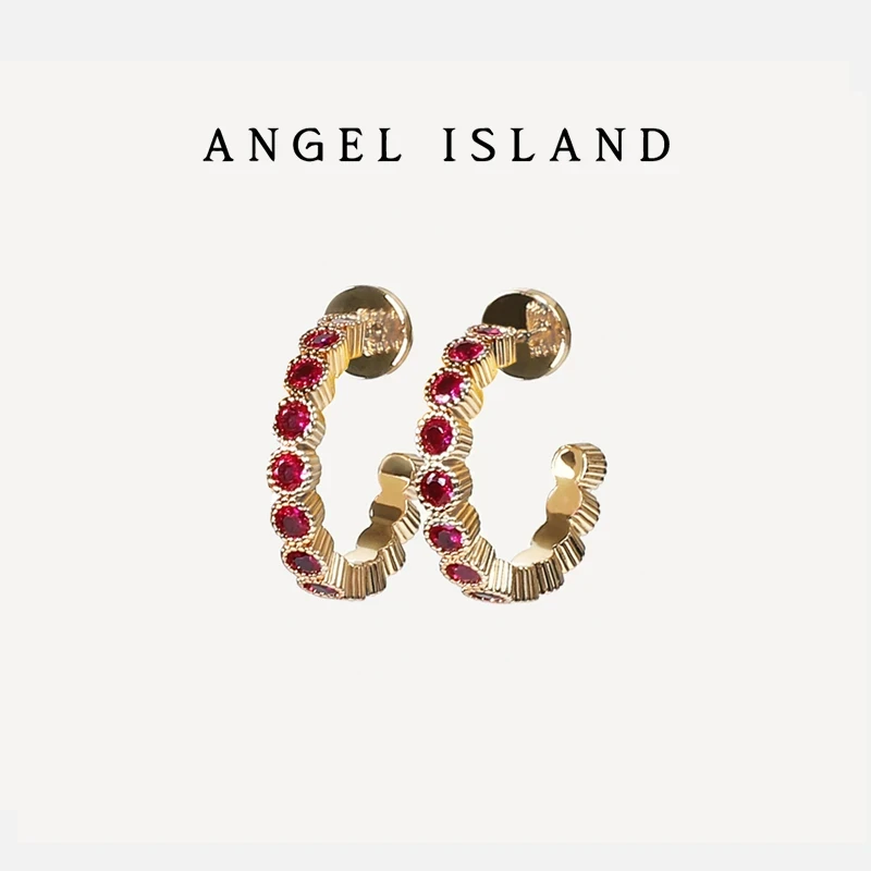 ANGEL ISLAND 铜合金锆石耳饰  天使岛 玫红色锆石耳圈复古