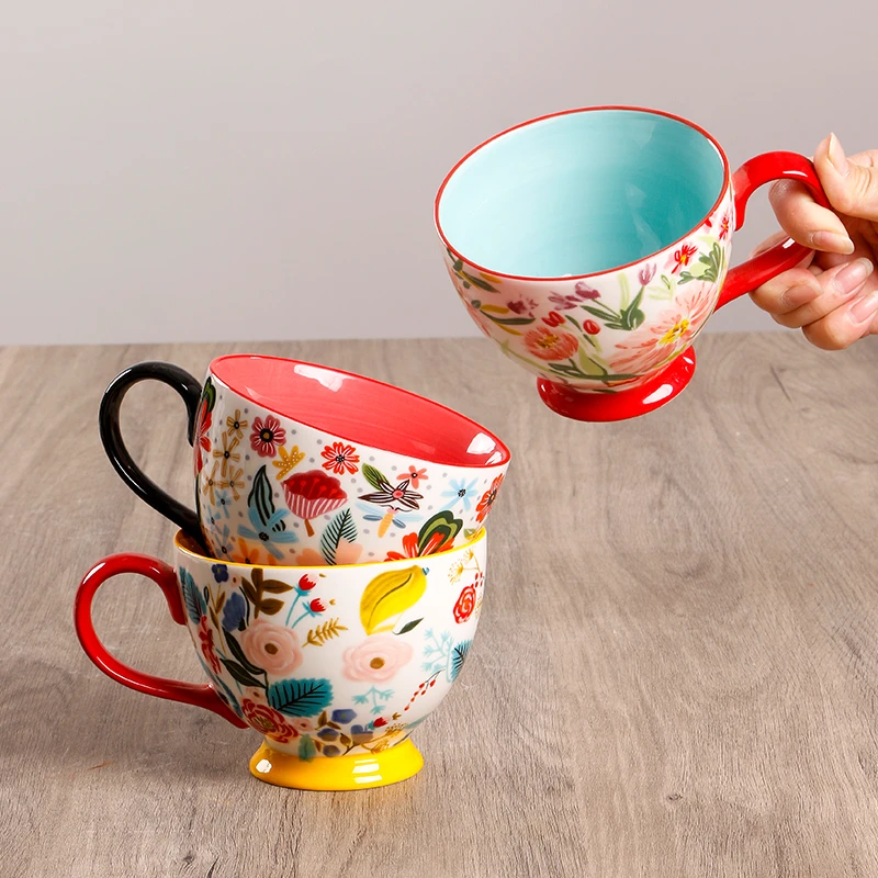 陶瓷早餐杯麦片杯手绘杯大容量汤粥杯釉下彩美式下午茶水杯喝水杯