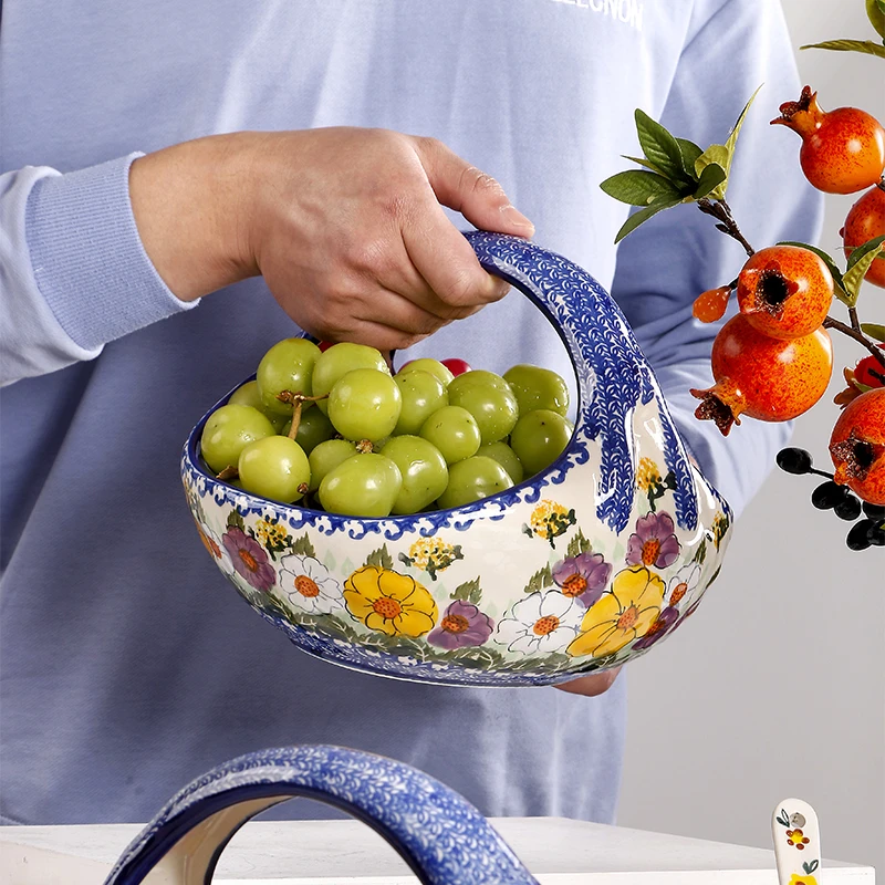 创意陶瓷手提果蓝个性手绘水果盆家用糖果零食果盘釉下彩餐具