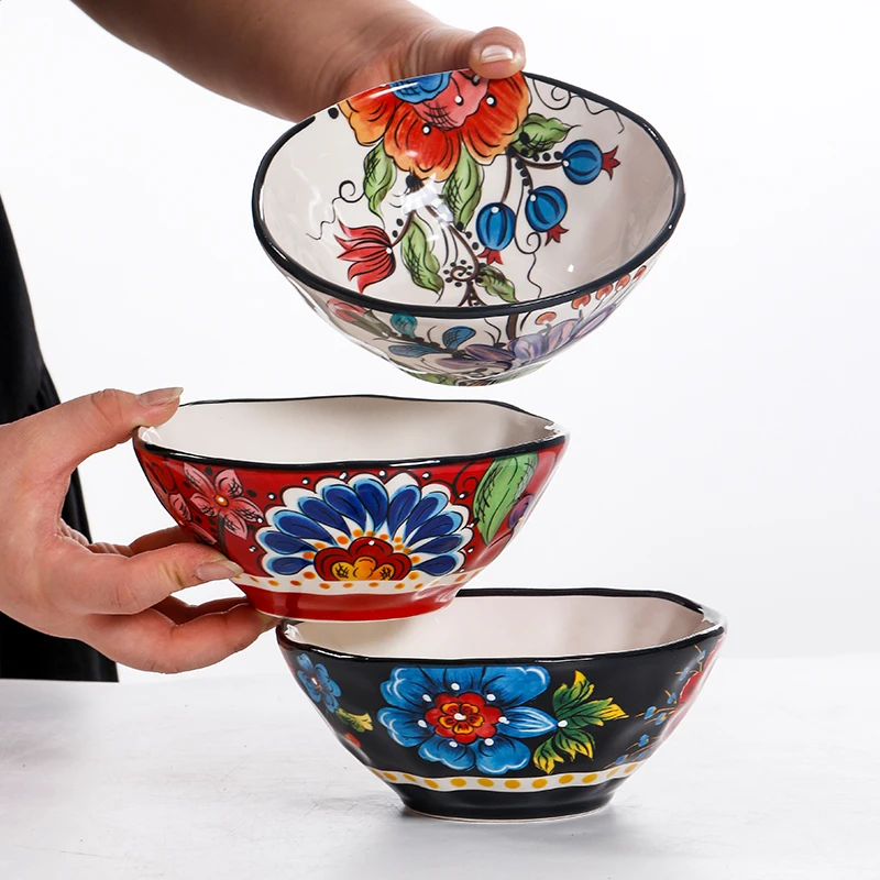 奥克6英寸异形沙拉碗斗笠碗陶瓷吃饭碗家用汤粥碗釉下彩