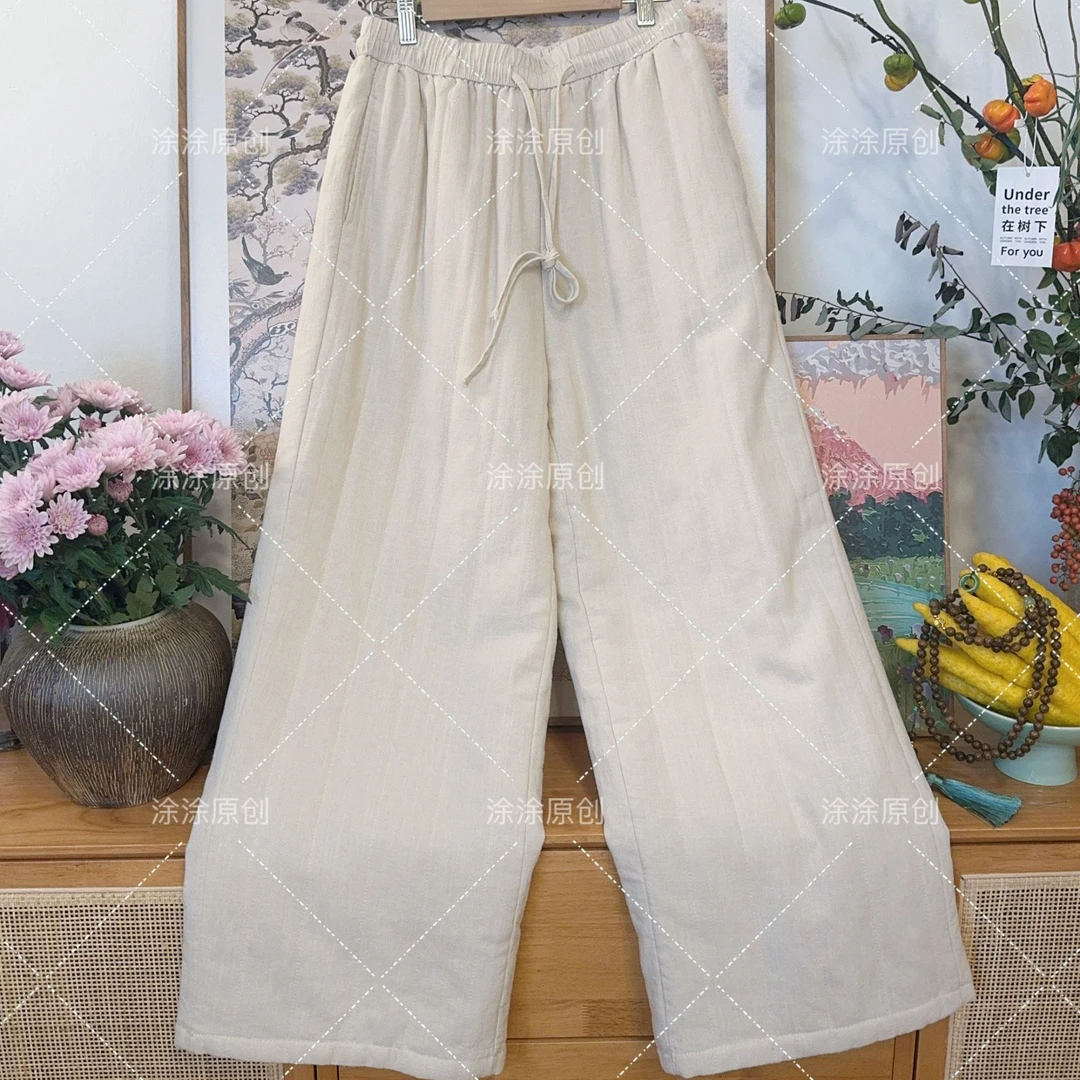 涂涂国风新年【棉棉裤】原创设计新中式苎麻松紧腰夹棉保暖长裤