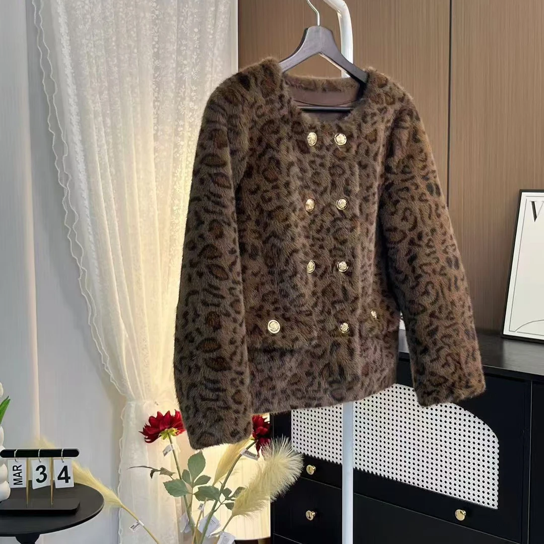 2024新款豹纹圆领双排扣百搭环保皮草短外套