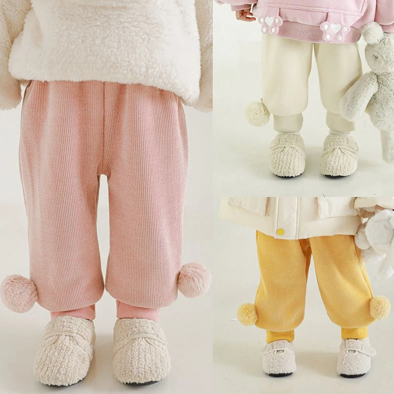 儿童雪尼尔百搭束脚裤女童2023冬季加绒保暖裤子立体小毛球休闲裤