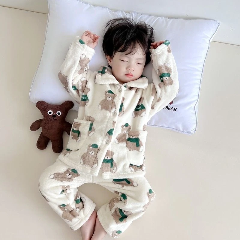 儿童睡衣2023秋冬季新款法兰绒珊瑚绒加绒加厚男童居家服套装宝宝