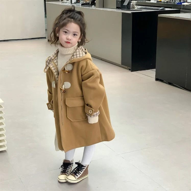 女童外套韩国童装秋冬装款格子羊角扣毛呢大衣洋气中长款连帽潮款