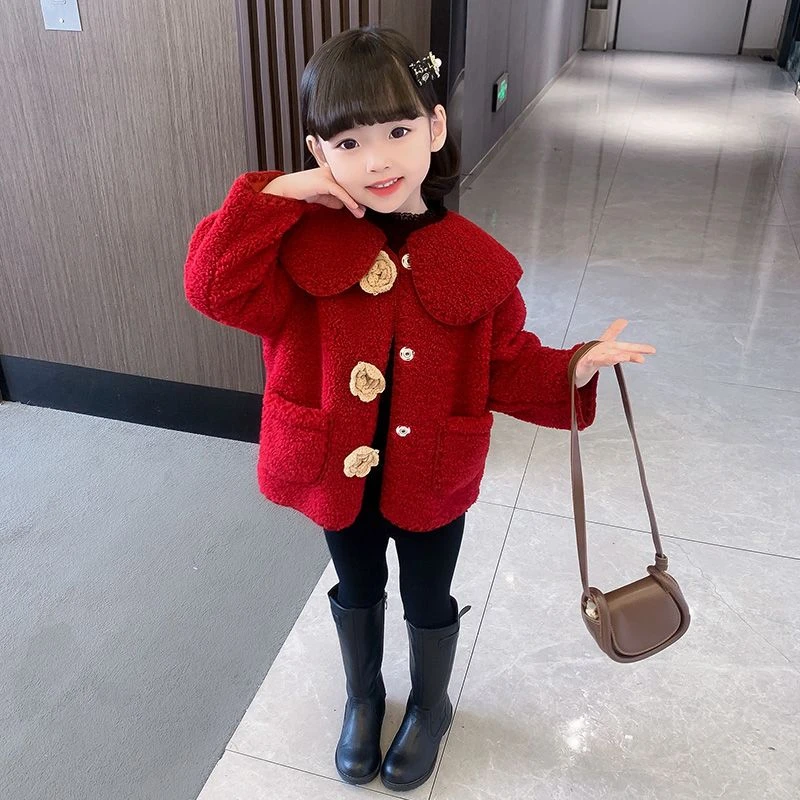 女童外套羊羔毛上衣2023新款女宝宝皮毛一体毛毛衣儿童秋冬装保暖