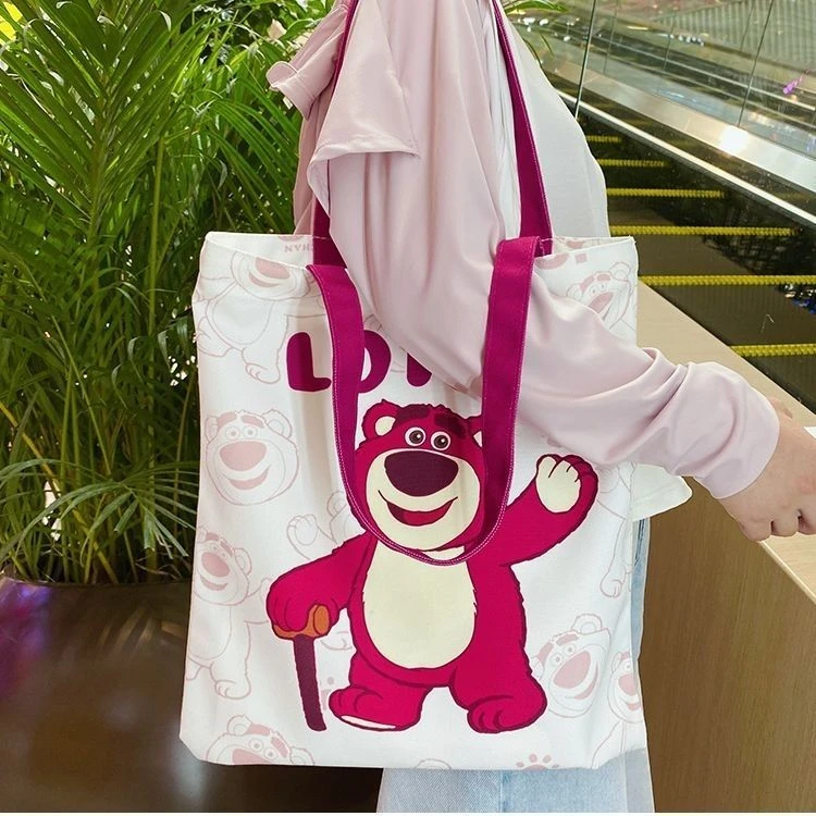 学生ins帆布手提袋百搭小众卡通帆布包大容量少女草莓熊书袋手提