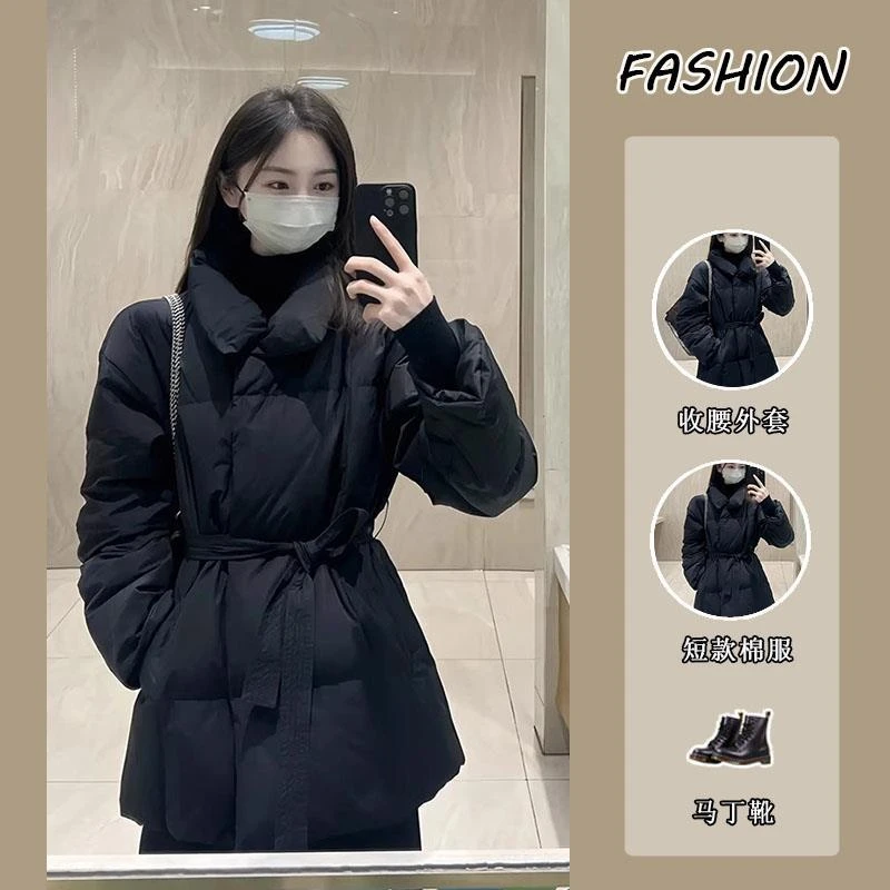 韩版黑色小个子时尚立领棉服女2023秋冬季新款收腰百搭棉服外套潮