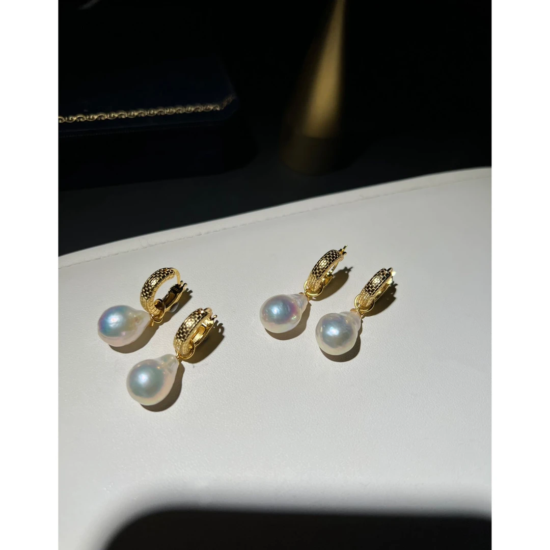 JUNMU巴洛克淡水珍珠耳坠925银复古菱格纹耳环多样性发货发一