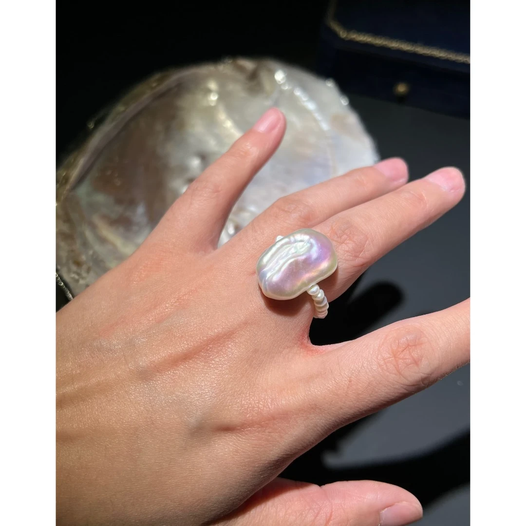 JUNMU炫彩方糖巴洛克珍珠戒指简约气质复古高级感开口戒珍珠尾戒