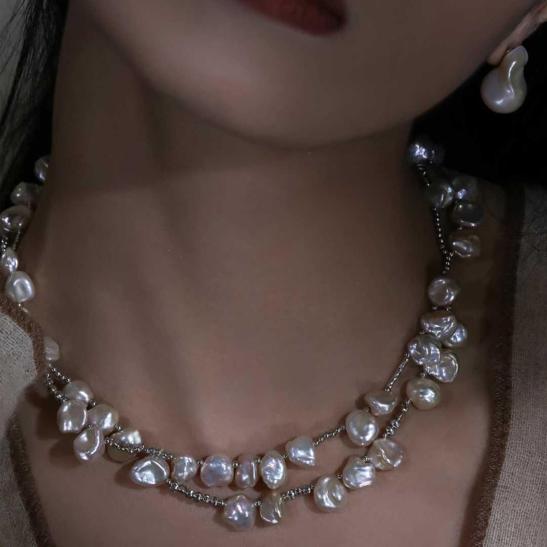 天然小巴洛克珍珠项链碎银子系类编织珍珠锁骨项链设计师款颈链