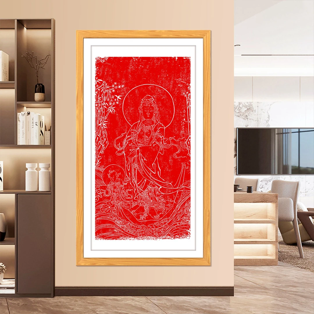 碑帖拓片招财童子观世音菩萨像吴道子手工朱墨拓宣纸112*56