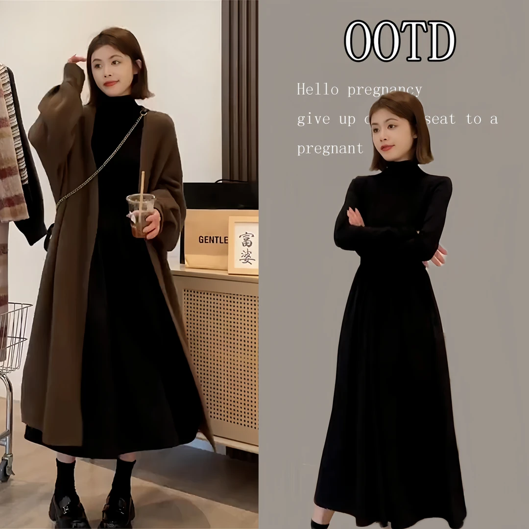 孕妇2023打底裙女秋冬半高领毛衣裙子气质过膝加厚针织内搭连衣裙