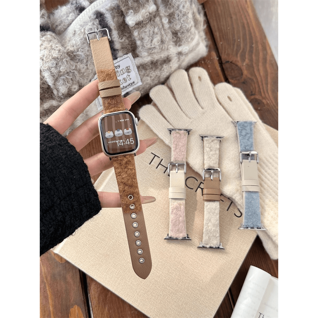 ins适用applewatchS9卷卷毛绒拼皮质表带苹果手表876543秋冬se2女