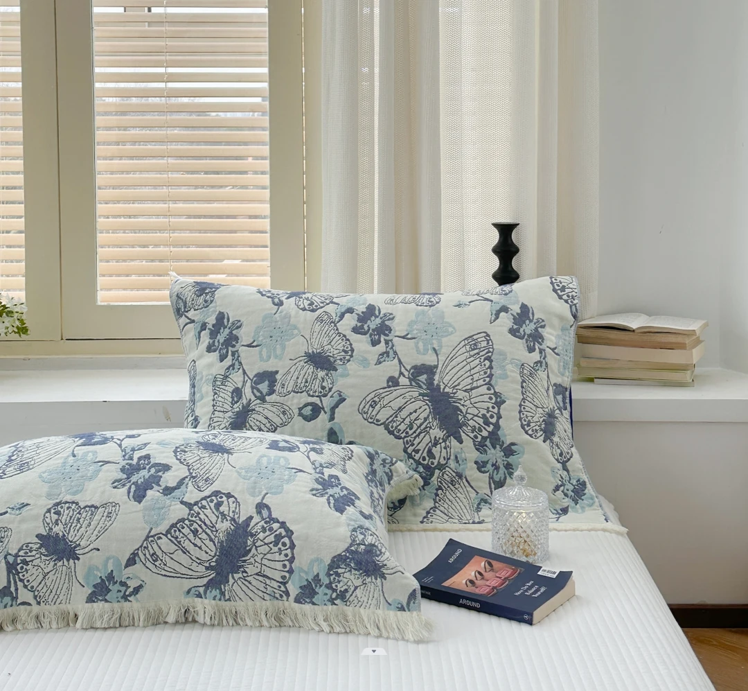 【枕巾枕套一对】流苏纯棉纱布亲肤四季通用枕巾枕套 D家蝴蝶