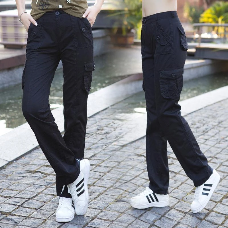 高腰工装裤女新款高腰直筒裤军绿色多口袋休闲裤子显瘦运动户外