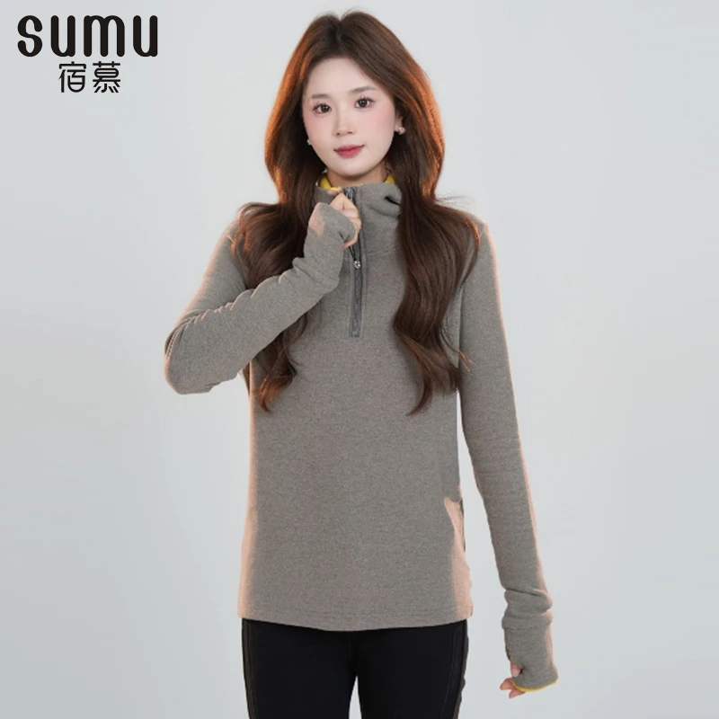 宿慕SUMU女款保暖拼色连帽卫衣12-7冬季2024新款百搭帽衫女B1905J