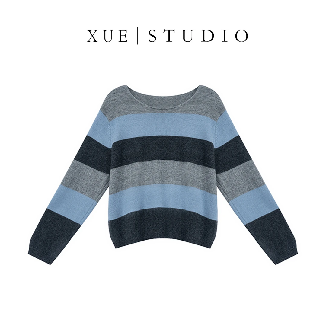 宿慕SUMU女款条纹撞色针织衫秋百搭休闲针织衫女C4501Z