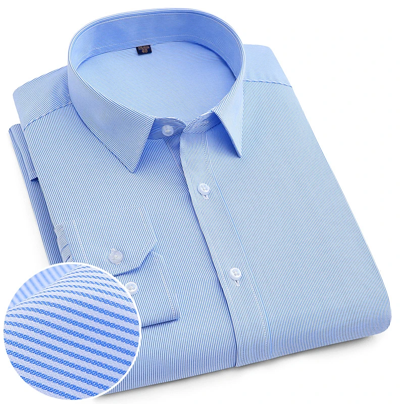 春季男士商务休闲修身长袖免烫抗皱蓝色条纹大码青中年格子衬衣男